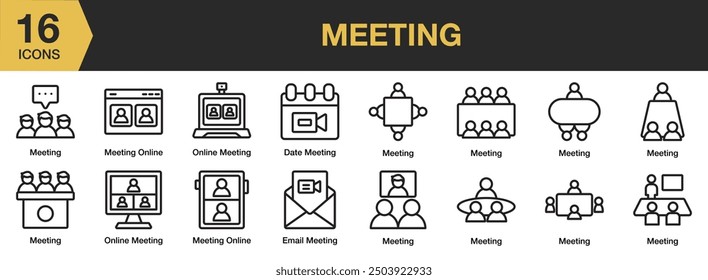 Meeting icon set. Includes email meeting, meeting online, date meeting, and More. Outline icons vector collection.