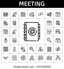 Meeting Icon Set. Line Icon Style. Meeting Related Icons Such As Calendar, Handshake, Zoom In, Contract, Employee, Agenda, Schedule, Professor, Working, Salesman, Zoom Out