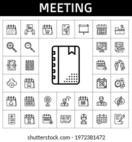 Meeting Icon Set. Line Icon Style. Meeting Related Icons Such As Calendar, Zoom In, Brainstorm, Contract, Employee, Agenda, Clerk, Planning, Video Call, Webcam, Projector