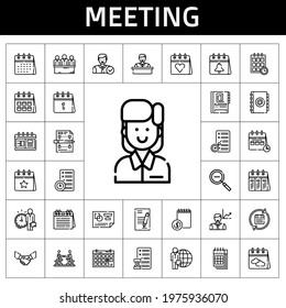 Meeting Icon Set. Line Icon Style. Meeting Related Icons Such As Calendar, Planning, Handshake, Candidates, Schedule, Candidate, Agreement, Contract, Zoom Out, Employee, Agenda