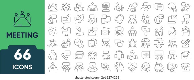 Meeting icon set in linear style. A collection of 66 thin outline icons representing business meetings, collaboration, group discussion, schedule, and planning. Editable stroke.