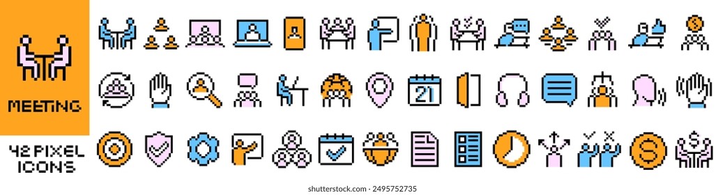 Icono de reunión. Conjunto de iconos de reunión. Estilo de píxel.