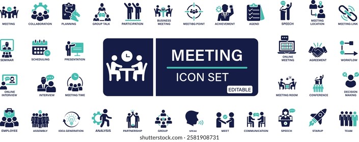 Meeting icon set. seminar, business meeting, presentation, interview, conference, assembly, agreement , discussion. You can easily change the color