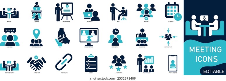 Meeting icon set. Solid flat vector icon collection