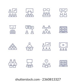 Juego de iconos de reunión. Icono de línea delgada. Trazo editable. Consta de breves, conferencias, sala de conferencias, discusión, grupo, entrevista, reunión, red, presentación, trabajo en equipo, usuario, videoconferencia, vistas.