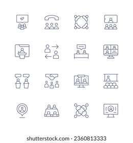 Juego de iconos de reunión. Icono de línea delgada. Trazo editable. Conteniendo audiencias, llamadas, conferencias, disenso, discusión, intermediario, ubicación, reunión, conferencia en línea, reunión en línea, seminario, trabajo en equipo.