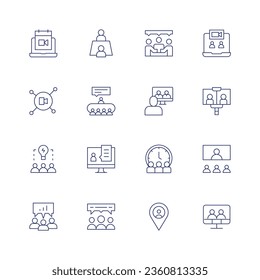 Meeting icon set. Thin line icon. Editable stroke. Containing calendar, connection, idea, meeting, online conference, online interview, schedule, team meeting, user, video call, video conference.