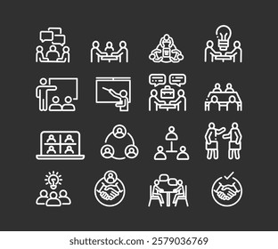 Meeting icon. Set of thin line icons related to team, teamwork, coworkers, cooperation. Collection of linear business simple symbols.  vector illustration. Editable stroke.