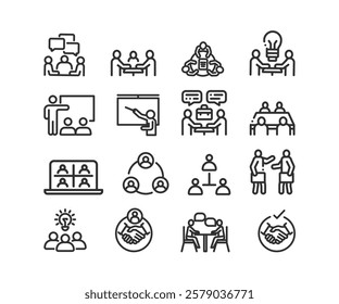 Meeting icon. Set of thin line icons related to team, teamwork, coworkers, cooperation. Collection of linear business simple symbols.  vector illustration. Editable stroke.