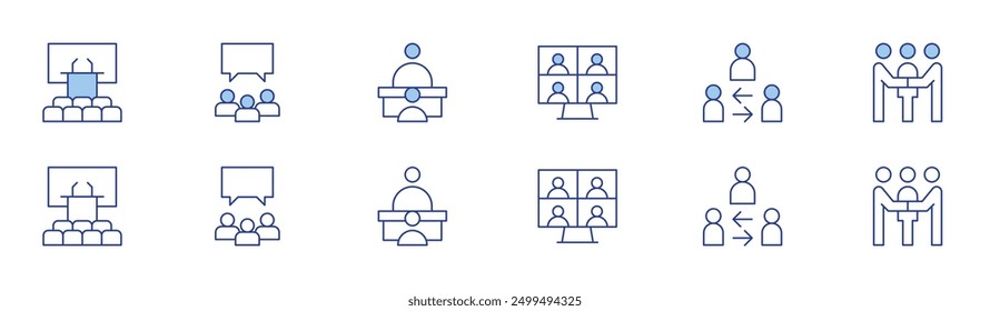 Meeting icon set in two styles, Duotone and Thin Line style. Editable stroke. meeting, mediator, virtual event, conference, interview.