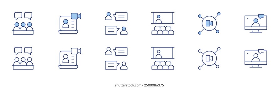 Meeting icon set in two styles, Duotone and Thin Line style. Editable stroke. video call, meeting, online interview, connection, seminar.
