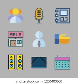meeting icon set. vector set about hand shake, speaker, microphone and calendar icons set.