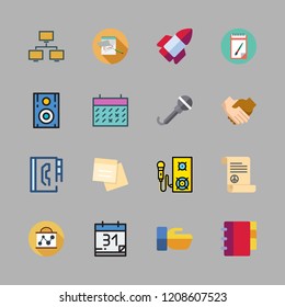 meeting icon set. vector set about microphone, handshake, calendar and hand shake icons set.