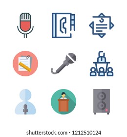 meeting icon set. vector set about lecture, microphone, reporter and conference icons set.