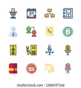 meeting icon set. vector set about agenda, calendar, microphone and note icons set.