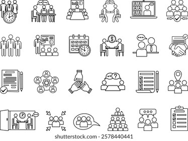 Meeting Icon Set. Vector Icons Seminar, Schedule, Presentation, Interview, Collaboration, Team, Online Meeting, Consultation, Discussion, Meeting Time, Business Meeting, and More