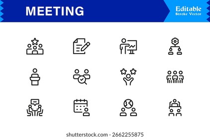 Conjunto de ícones de reunião em estilo de vetor com discussões em grupo, colaboração e símbolos de comunicação