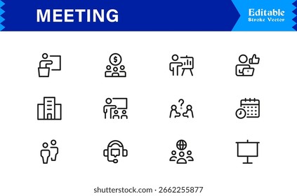Symbolsatz für Besprechungen im Vektorformat mit Gruppendiskussionen, Kollaborations- und Kommunikationssymbolen