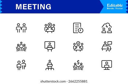 Meeting Icon Set in Vector Style Featuring Group Discussions, Collaboration, and Communication Symbols