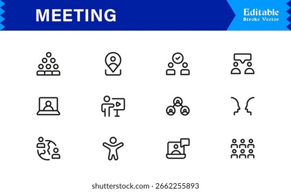 Conjunto de ícones de reunião em estilo de vetor com discussões em grupo, colaboração e símbolos de comunicação