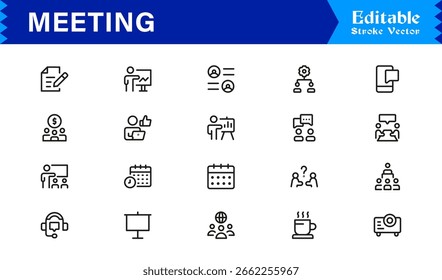 Meeting Icon Set in Vector Style Featuring Group Discussions, Collaboration, and Communication Symbols