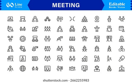 Conjunto de iconos de reuniones en estilo de Vector con discusiones grupales, colaboración y símbolos de comunicación