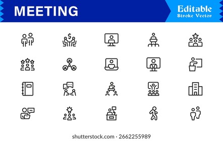 Conjunto de iconos de reuniones en estilo de Vector con discusiones grupales, colaboración y símbolos de comunicación