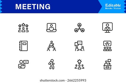 Conjunto de iconos de reuniones en estilo de Vector con discusiones grupales, colaboración y símbolos de comunicación