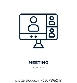Tagungssymbol aus der Strategiesammlung. Dünne lineare Zusammenkunft, Partnerschaft, Geschäftskontext Symbol einzeln auf weißem Hintergrund. Zeilenvektortreffen, Symbol für Web und Mobiles