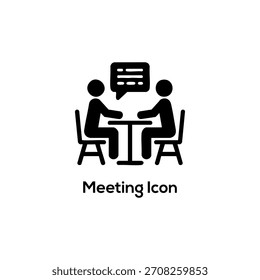 Icono de reunión con dos Personas en la mesa y la burbuja del discurso, que representa la discusión empresarial, la entrevista, la comunicación y la colaboración