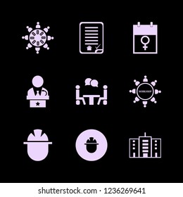 meeting icon. meeting vector icons set builder, house buying contract, work group at the table and workshop
