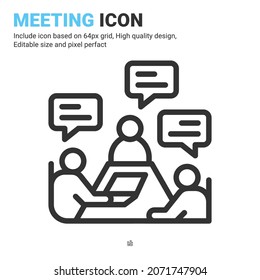Vector de icono de reunión con estilo de contorno aislado en fondo blanco. Icono de símbolo de símbolo de la presentación de la ilustración del vector para negocios, finanzas, industria, empresa, aplicaciones, web y todo el proyecto