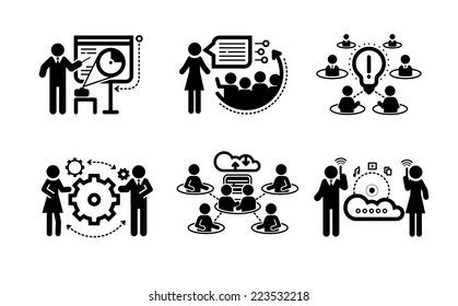 Meeting icons in black color. Business presentation teamwork concept. Internet cloud between businessmans
