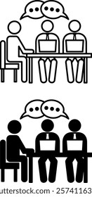 Meeting Icons. Black and White Vector Icons. Boss Holds Meeting with Employees. People Sit at the table, talking and working on their laptops. Office Concept