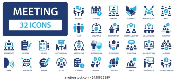 Colección de iconos de reunión. Conjunto de signos de reunión de negocios y comunicación. Icono de Vector plano simple.