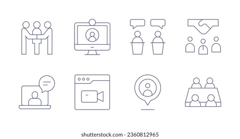 Meeting icons. editable stroke. Containing discussion, intermediary, location, meeting, video call, videocall.