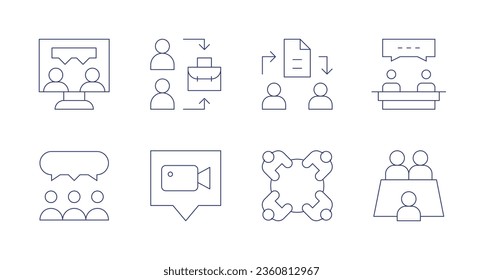 Iconos de reunión. trazo editable. Conteniendo intercambio de archivos, entrevista, reunión, online, maleta, trabajo en equipo, videollamada.