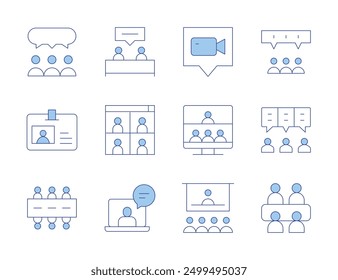 Meeting icons. Line Duotone style, editable stroke. meeting, online meeting, video conference, teamwork, discussion, video call, team, briefing, badge, chat.
