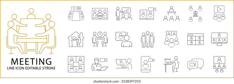 Meeting Icons In Line Style. Containing business, teamwork, team, management, group, organisation, work, etc. Icon Set. Vector Illustration. Editable Stroke.