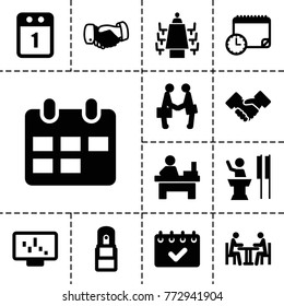 Meeting icons. set of 13 editable filled meeting icons such as handshake, table, graph on display, office supply, meeting, businessman shaking hands, speaker, 1st day calendar