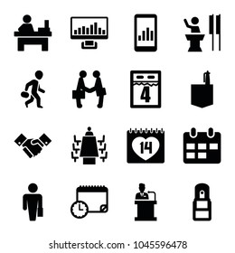 Meeting icons. set of 16 editable filled meeting icons such as office room, table, man with case, graph on display, 14 date, office supply, meeting, speaker, handshake