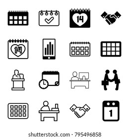 Meeting icons. set of 16 editable filled and outline meeting icons such as calendar, 14 date, handshake, businessman shaking hands, 1st day calendar, calendar with clock