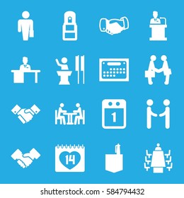 meeting icons set. Set of 16 meeting filled icons such as handshake, office room, 14 date, office supply, man working at the table, meeting, speaker, businessman shaking hands