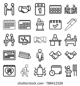Meeting icons. set of 25 editable outline meeting icons such as handshake, table, man with case, graph on display, calendar, 14 date, man working at the table, meeting
