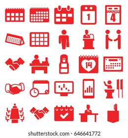 Meeting icons set. set of 25 meeting filled icons such as handshake, office room, table, 14 date, office supply, man working at the table, meeting, speaker, 1st day calendar