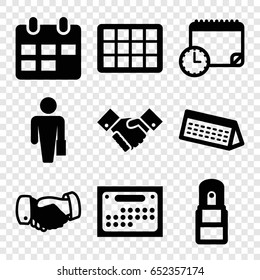 Meeting icons set. set of 9 meeting filled icons such as handshake, office supply, calendar, calendar with clock