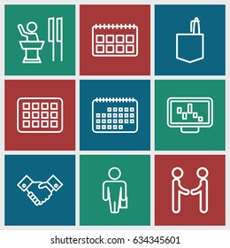 Meeting icons set. set of 9 meeting outline icons such as office room, handshake, calendar, man with case, speaker, shaking hands
