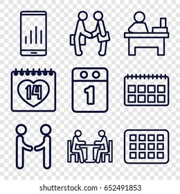Meeting icons set. set of 9 meeting outline icons such as table, 14 date, meeting, businessman shaking hands, 1st day calendar, calendar, shaking hands
