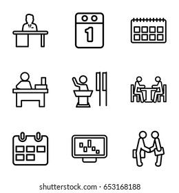Meeting icons set. set of 9 meeting outline icons such as table, man working at the table, meeting, businessman shaking hands, 1st day calendar, calendar, speaker