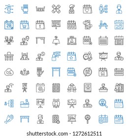 meeting icons set. Collection of meeting with calendar, job search, presentation, schedule, employee, table, hand, group, working, skills. Editable and scalable meeting icons.